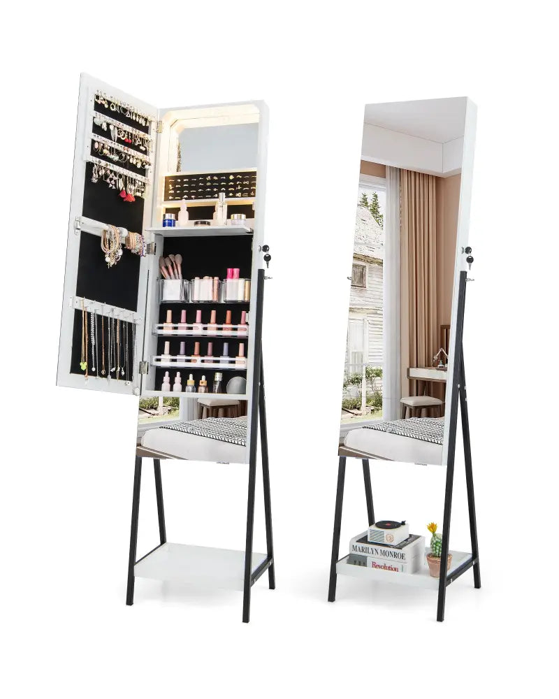 Lockable Freestanding Jewelry Organizer with Full-Length Frameless Mirror-White - White - Jewelry Armoires