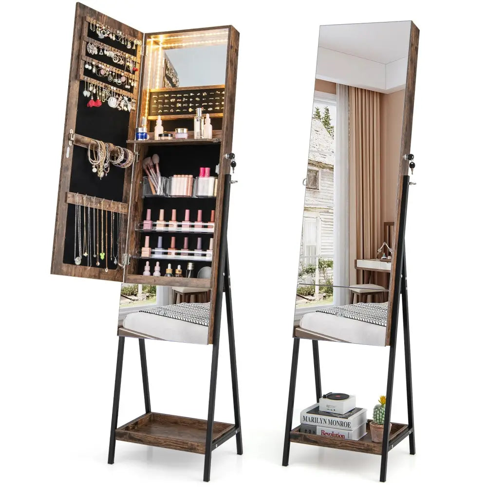 Lockable Freestanding Jewelry Organizer with Full-Length Frameless Mirror-Rustic Brown - Rustic Brown - Jewelry Armoires