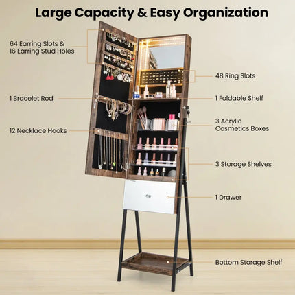 Lockable Freestanding Jewelry Organizer with Full-Length Frameless Mirror-Rustic Brown - Rustic Brown - Jewelry Armoires