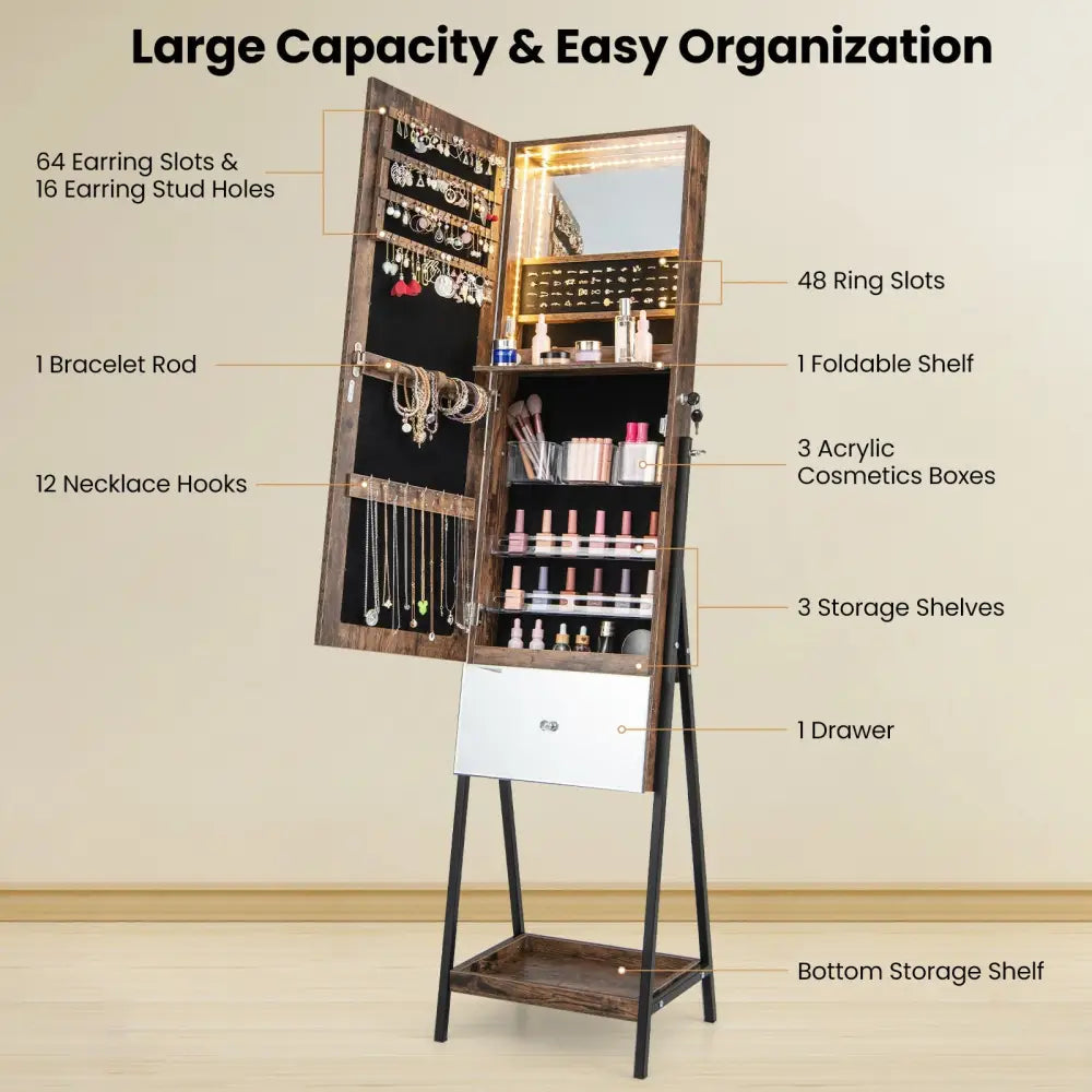 Lockable Freestanding Jewelry Organizer with Full-Length Frameless Mirror-Rustic Brown - Rustic Brown - Jewelry Armoires