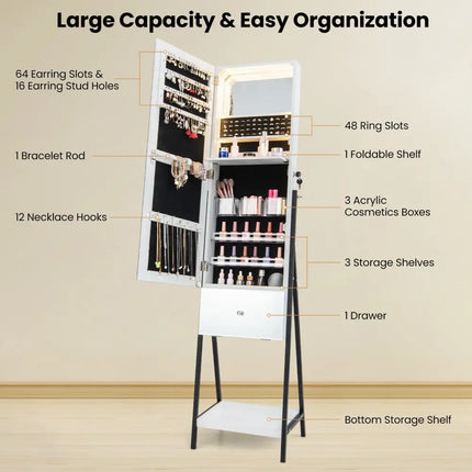 Lockable Freestanding Jewelry Organizer with Full-Length Frameless Mirror-White - White - Jewelry Armoires