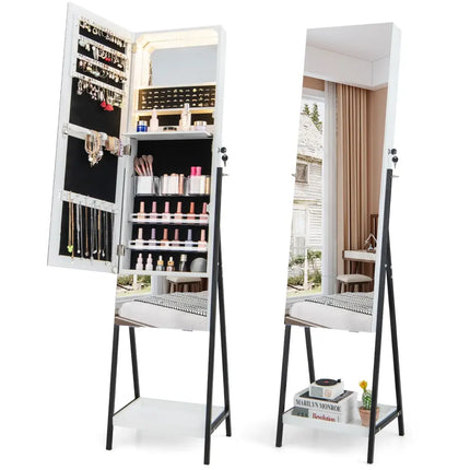 Lockable Freestanding Jewelry Organizer with Full-Length Frameless Mirror-White - White - Jewelry Armoires
