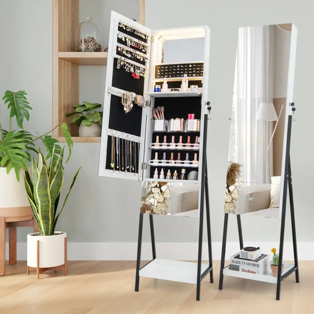 Lockable Freestanding Jewelry Organizer with Full-Length Frameless Mirror-White - White - Jewelry Armoires