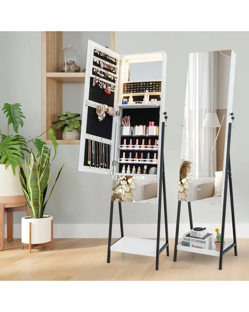 Lockable Freestanding Jewelry Organizer with Full-Length Frameless Mirror-White - White - Jewelry Armoires