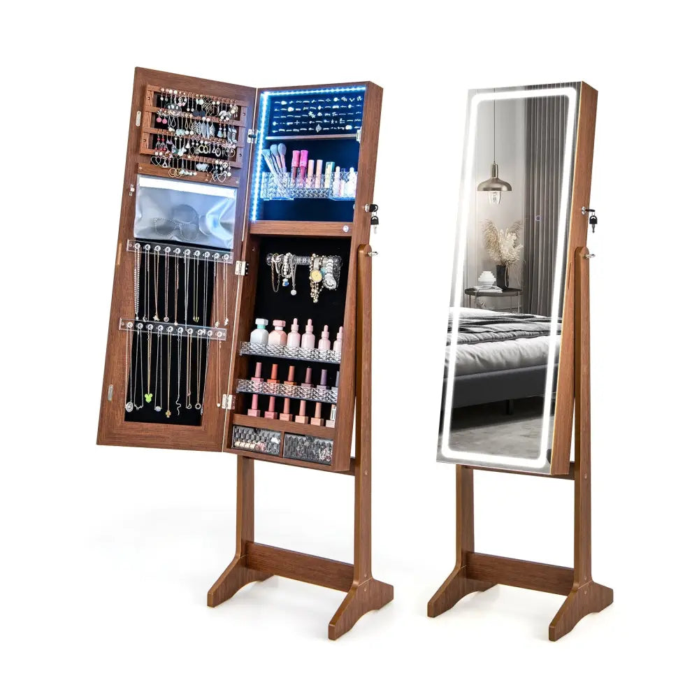 Lockable Jewelry Armoire Standing Cabinet with Lighted Full-Length Mirror-Walnut - Walnut - Jewelry Armoires