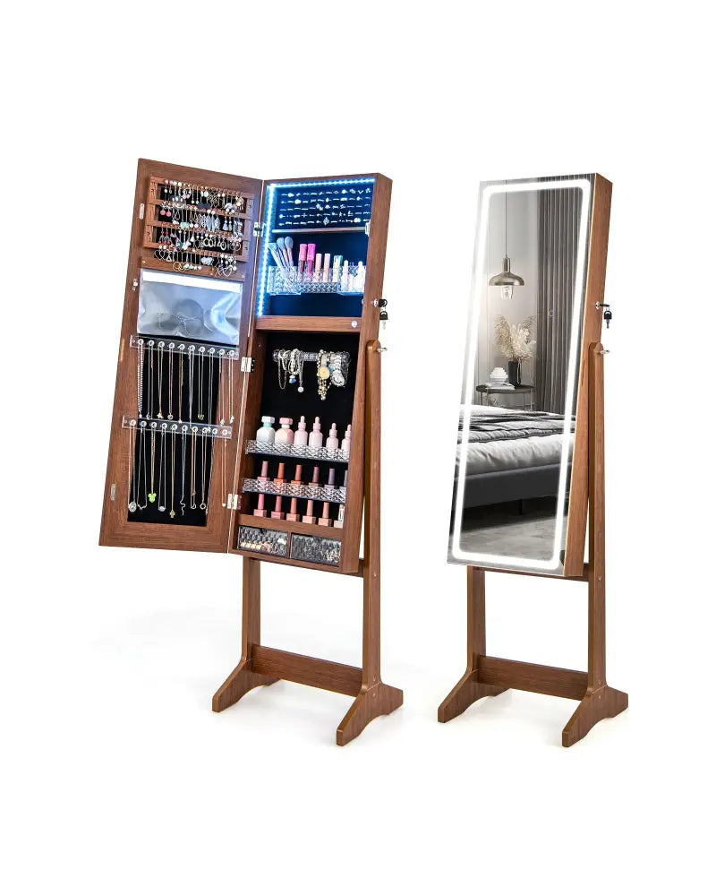 Lockable Jewelry Armoire Standing Cabinet with Lighted Full-Length Mirror-Walnut - Walnut - Jewelry Armoires