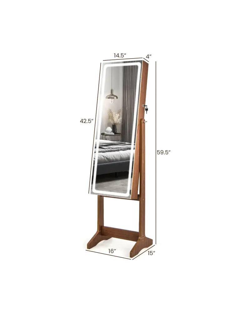 Lockable Jewelry Armoire Standing Cabinet with Lighted Full-Length Mirror-Walnut - Walnut - Jewelry Armoires