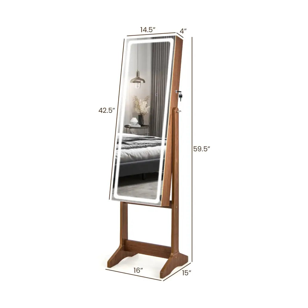 Lockable Jewelry Armoire Standing Cabinet with Lighted Full-Length Mirror-Walnut - Walnut - Jewelry Armoires
