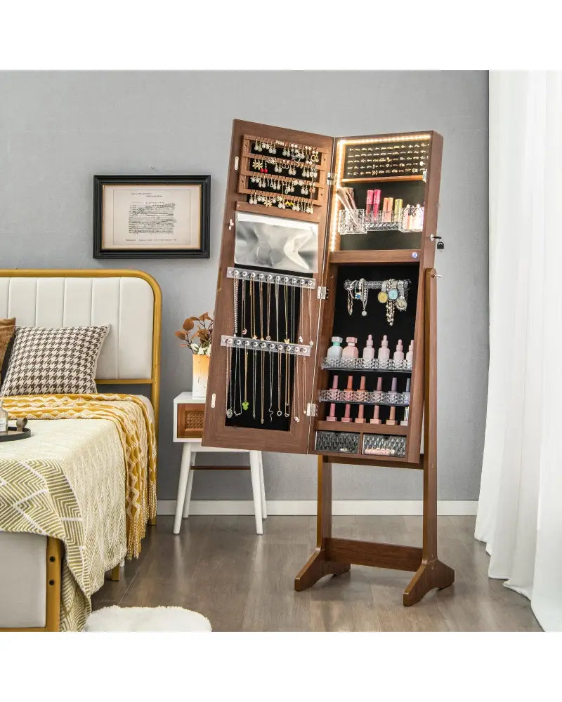 Lockable Jewelry Armoire Standing Cabinet with Lighted Full-Length Mirror-Walnut - Walnut - Jewelry Armoires