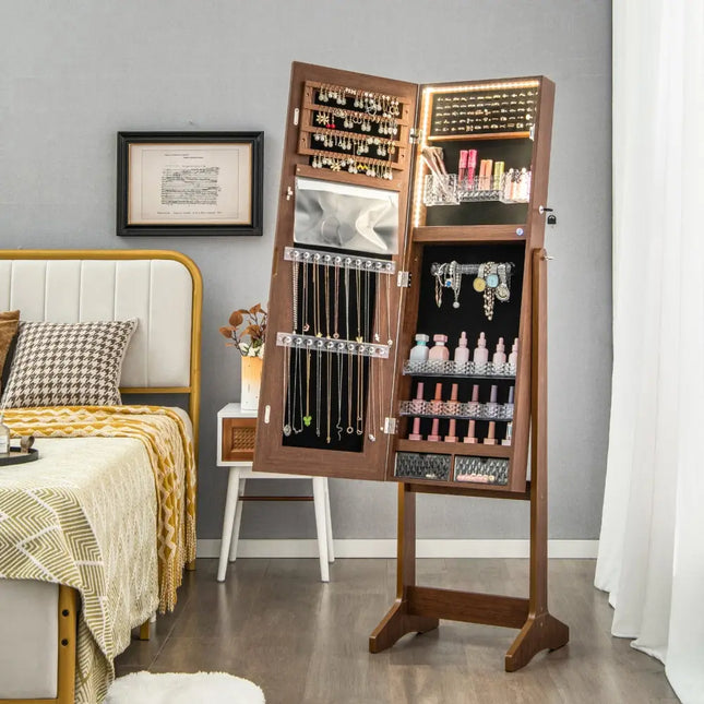Lockable Jewelry Armoire Standing Cabinet with Lighted Full-Length Mirror-Walnut - Walnut - Jewelry Armoires