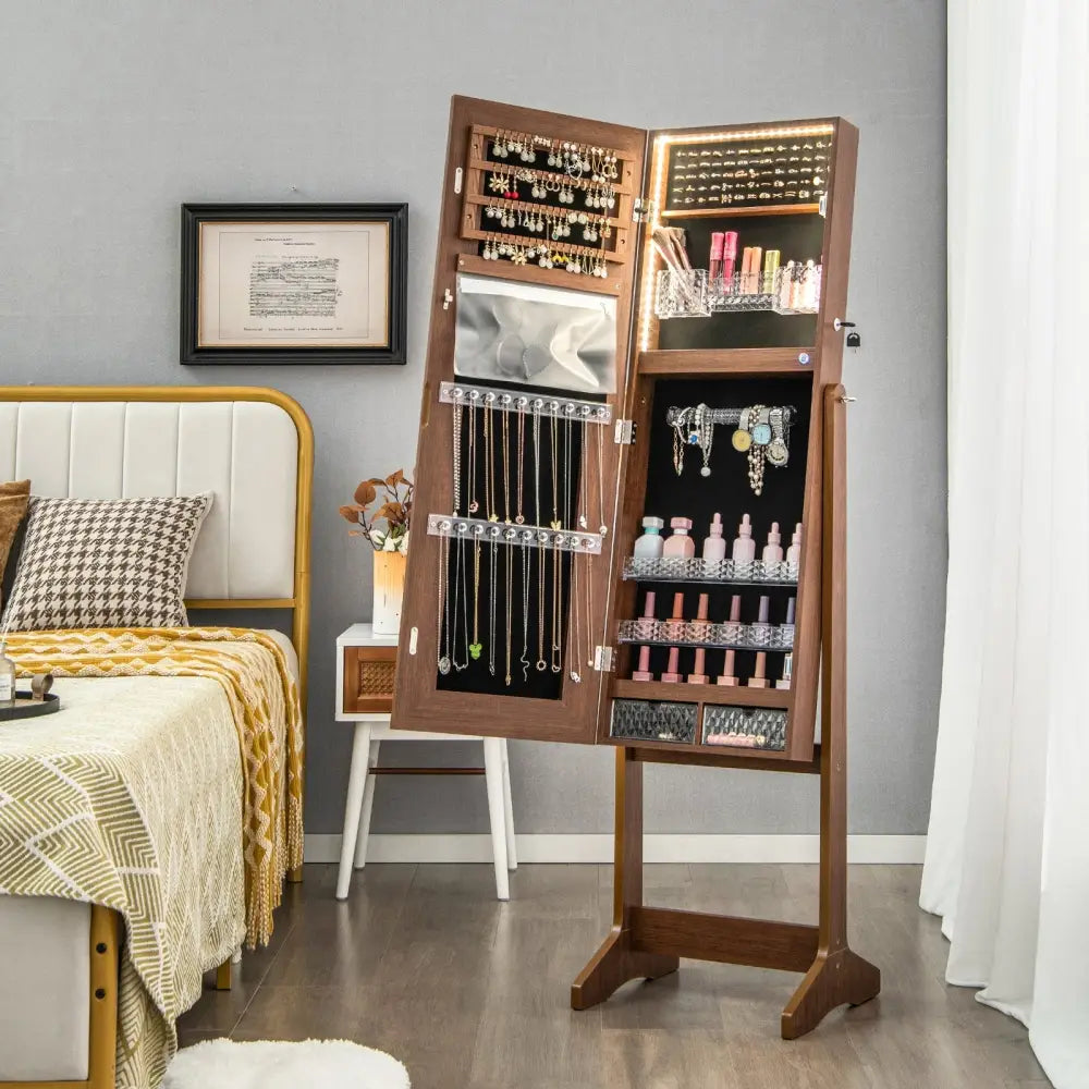 Lockable Jewelry Armoire Standing Cabinet with Lighted Full-Length Mirror-Walnut - Walnut - Jewelry Armoires