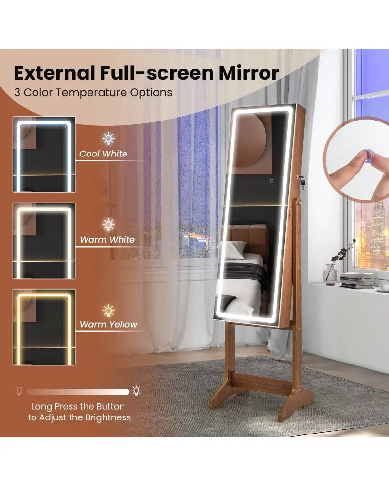 Lockable Jewelry Armoire Standing Cabinet with Lighted Full-Length Mirror-Walnut - Walnut - Jewelry Armoires