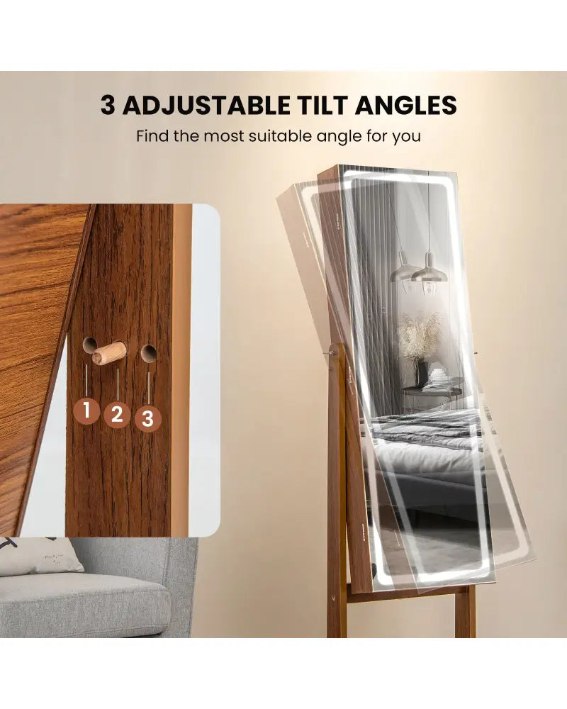 Lockable Jewelry Armoire Standing Cabinet with Lighted Full-Length Mirror-Walnut - Walnut - Jewelry Armoires