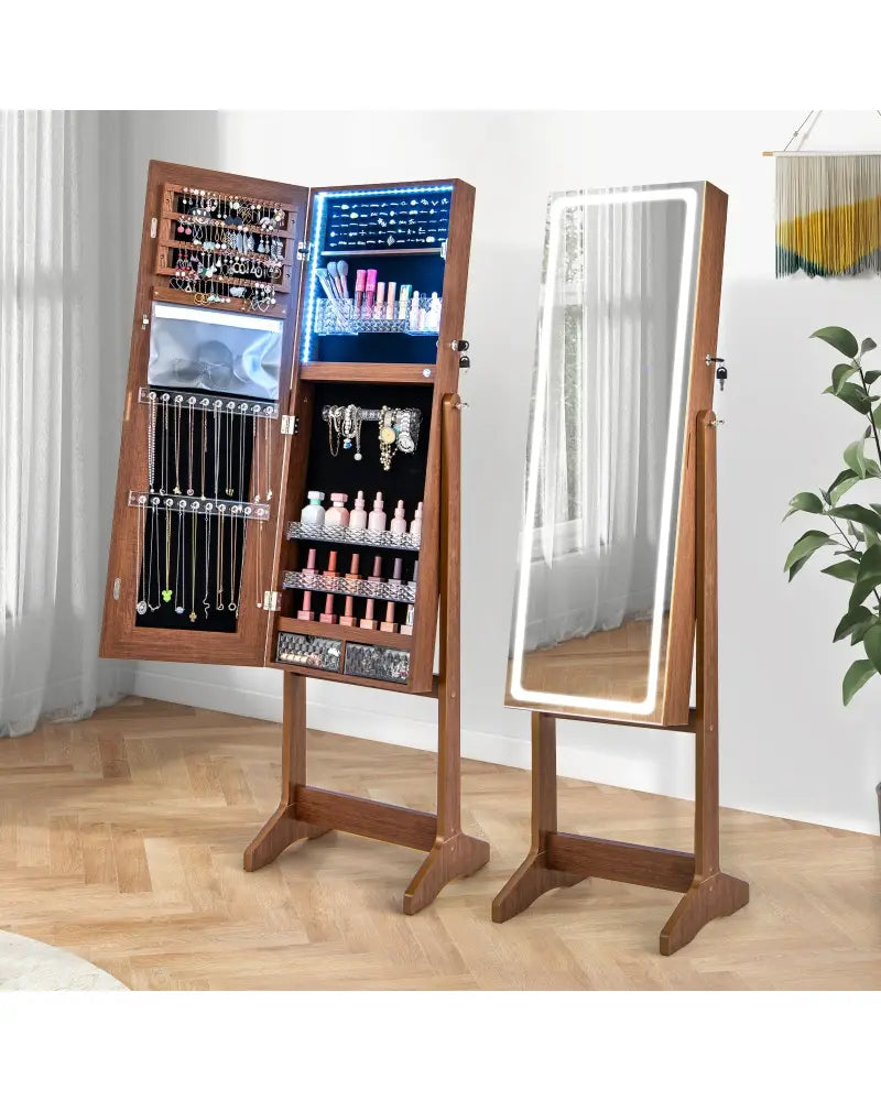 Lockable Jewelry Armoire Standing Cabinet with Lighted Full-Length Mirror-Walnut - Walnut - Jewelry Armoires