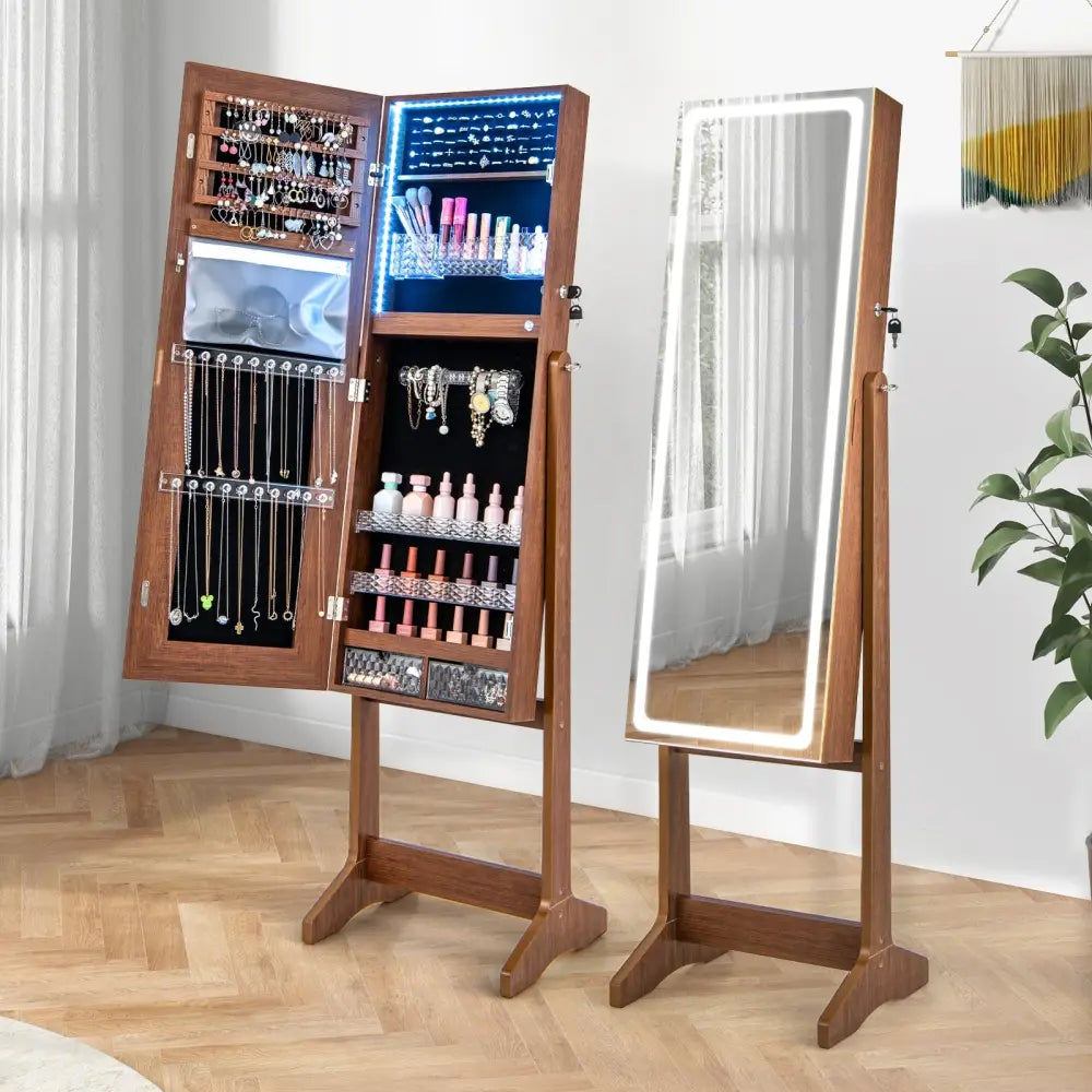 Lockable Jewelry Armoire Standing Cabinet with Lighted Full-Length Mirror-Walnut - Walnut - Jewelry Armoires