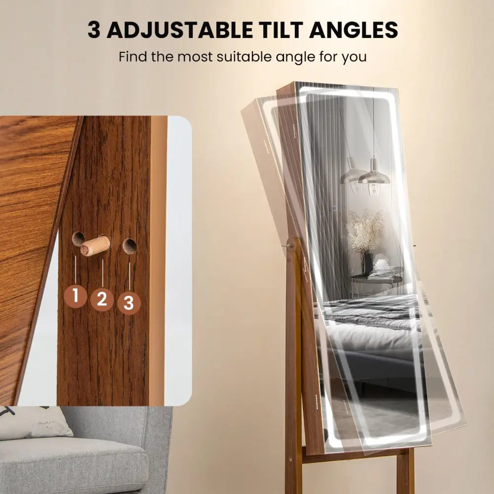 Lockable Jewelry Armoire Standing Cabinet with Lighted Full-Length Mirror-Walnut - Walnut - Jewelry Armoires