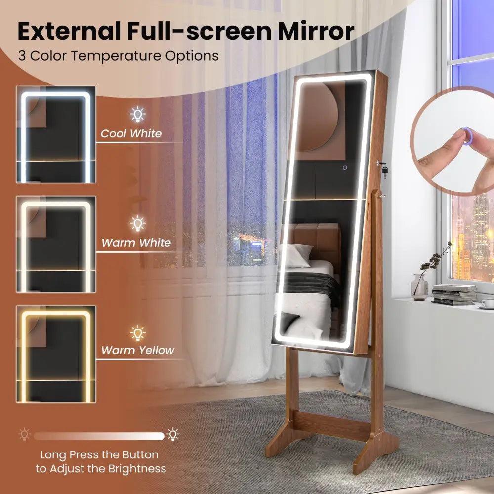 Lockable Jewelry Armoire Standing Cabinet with Lighted Full-Length Mirror-Walnut - Walnut - Jewelry Armoires