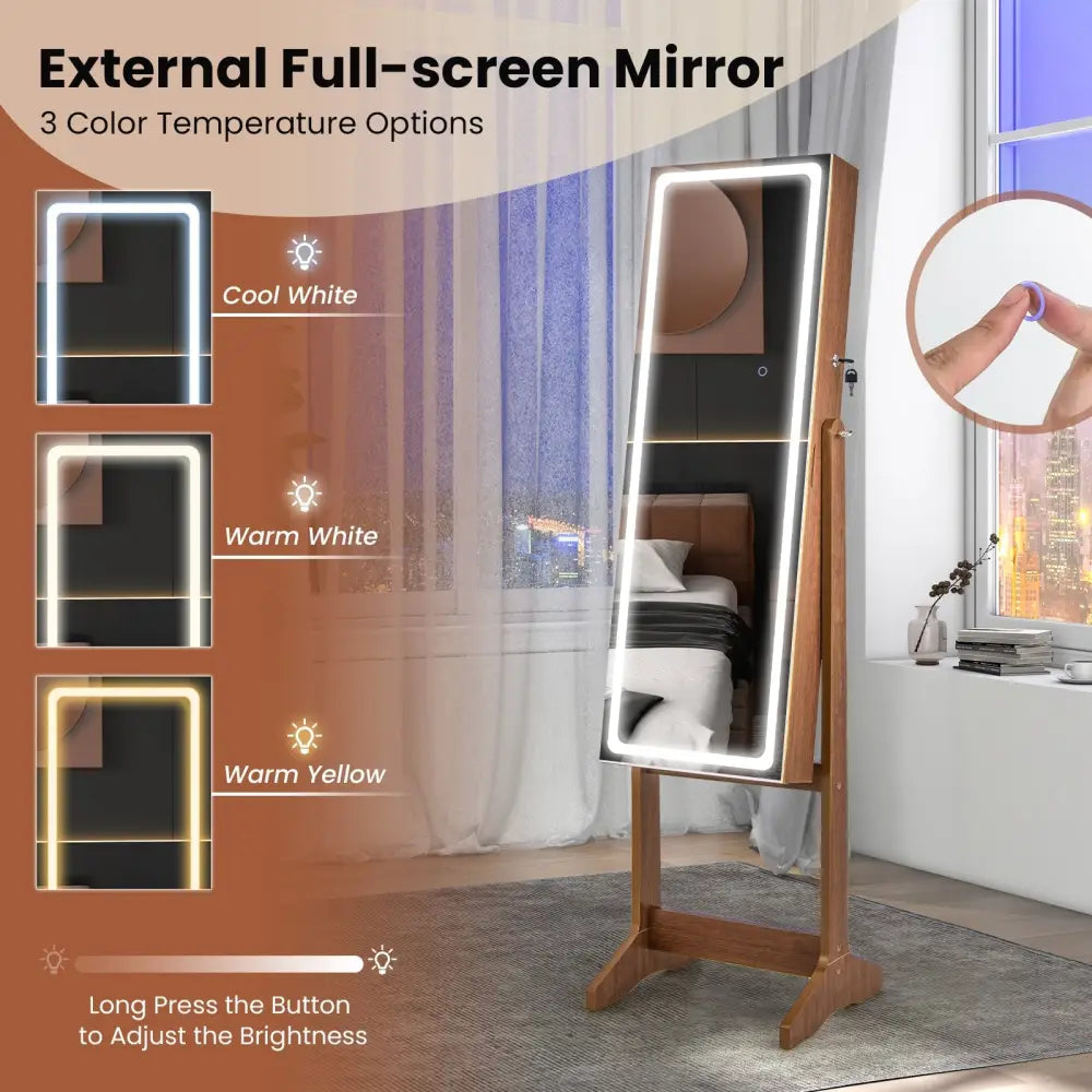 Lockable Jewelry Armoire Standing Cabinet with Lighted Full-Length Mirror-Walnut - Walnut - Jewelry Armoires