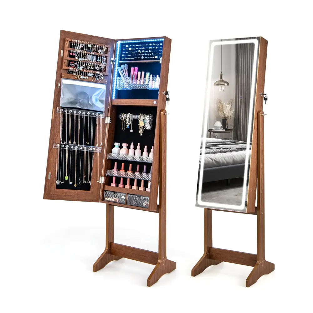 Lockable Jewelry Armoire Standing Cabinet with Lighted Full-Length Mirror-Walnut - Walnut - Jewelry Armoires