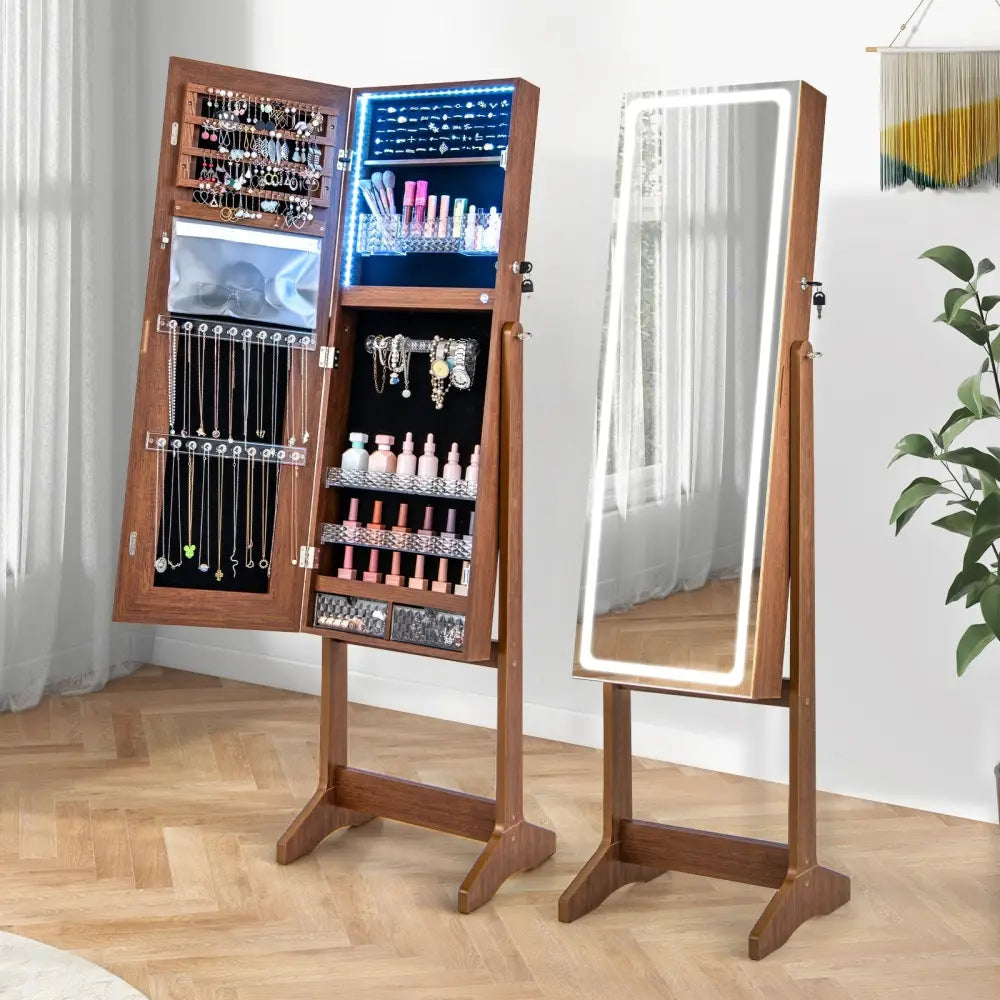 Lockable Jewelry Armoire Standing Cabinet with Lighted Full-Length Mirror-Walnut - Walnut - Jewelry Armoires