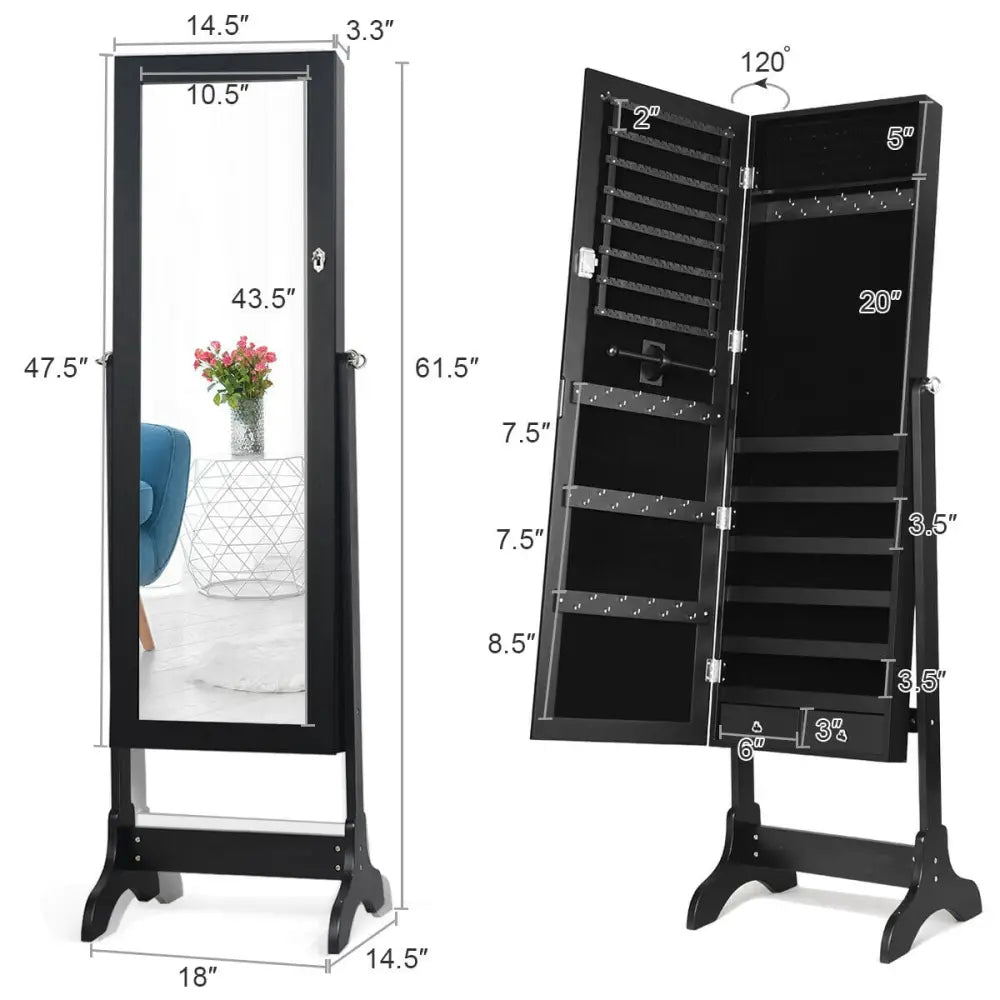 Lockable Mirrored Jewelry Cabinet Armoire Storage Organizer Box-Black - Black - Jewelry Armoires