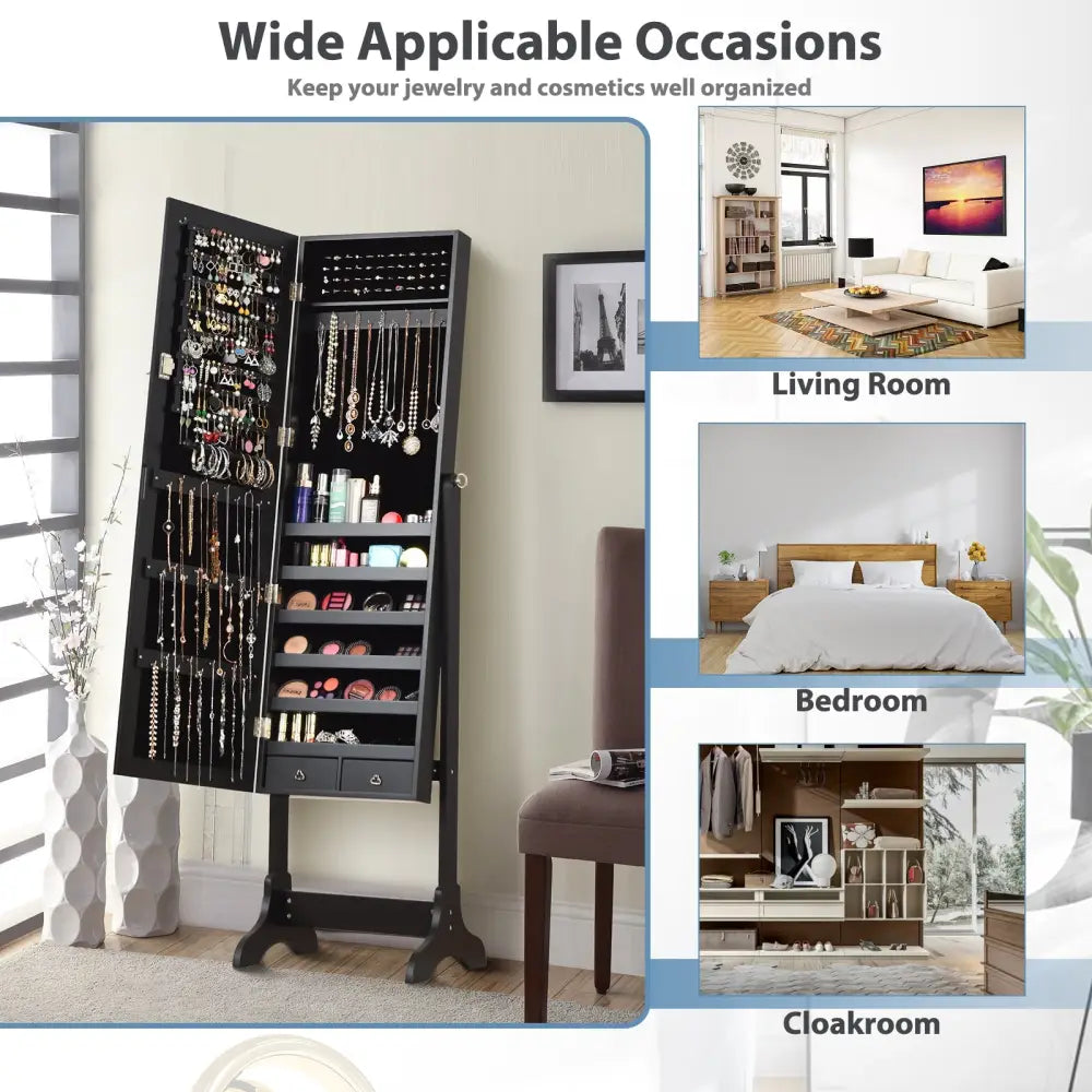 Lockable Mirrored Jewelry Cabinet Armoire Storage Organizer Box-Black - Black - Jewelry Armoires