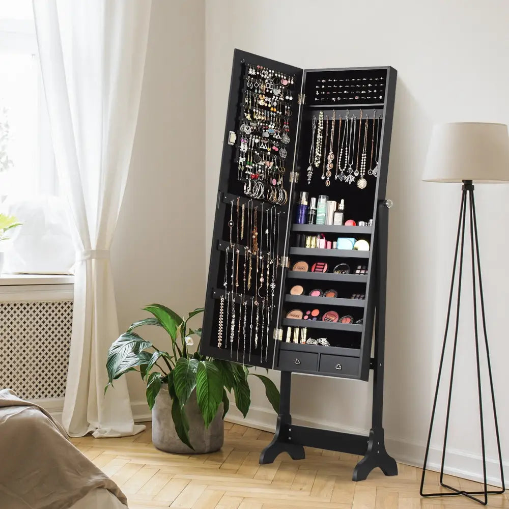 Lockable Mirrored Jewelry Cabinet Armoire Storage Organizer Box-Black - Black - Jewelry Armoires