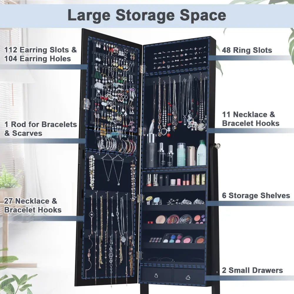 Lockable Mirrored Jewelry Cabinet Armoire Storage Organizer Box-Black - Black - Jewelry Armoires