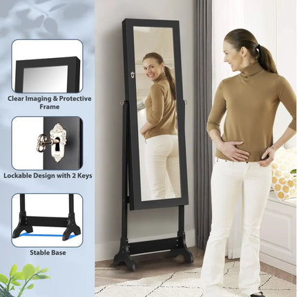 Lockable Mirrored Jewelry Cabinet Armoire Storage Organizer Box-Black - Black - Jewelry Armoires