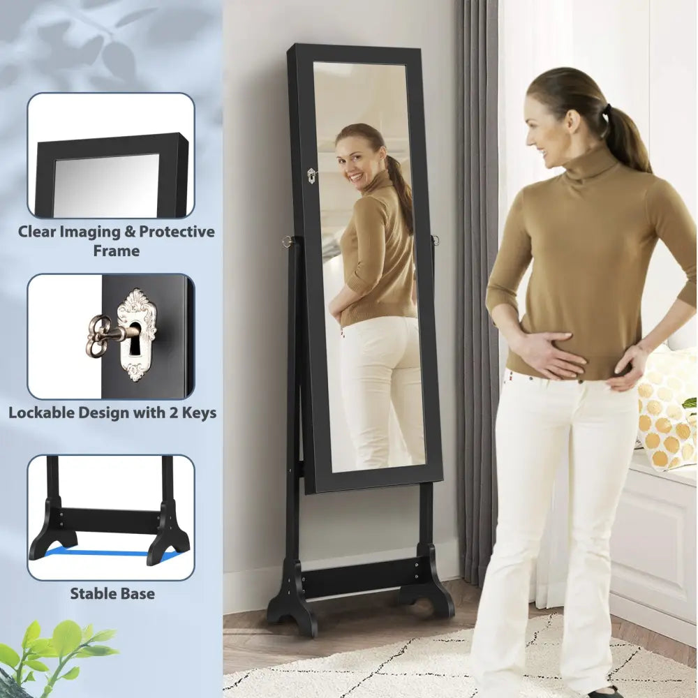 Lockable Mirrored Jewelry Cabinet Armoire Storage Organizer Box-Black - Black - Jewelry Armoires