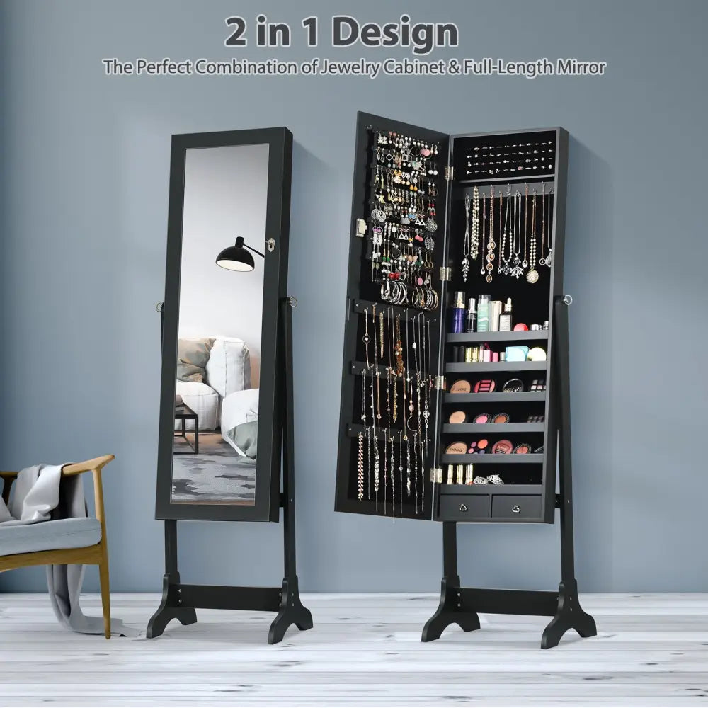 Lockable Mirrored Jewelry Cabinet Armoire Storage Organizer Box-Black - Black - Jewelry Armoires