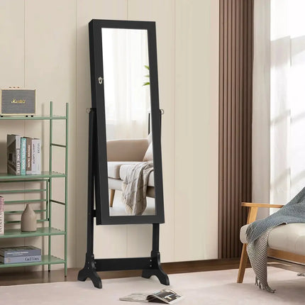 Lockable Mirrored Jewelry Cabinet Armoire Storage Organizer Box-Black - Black - Jewelry Armoires