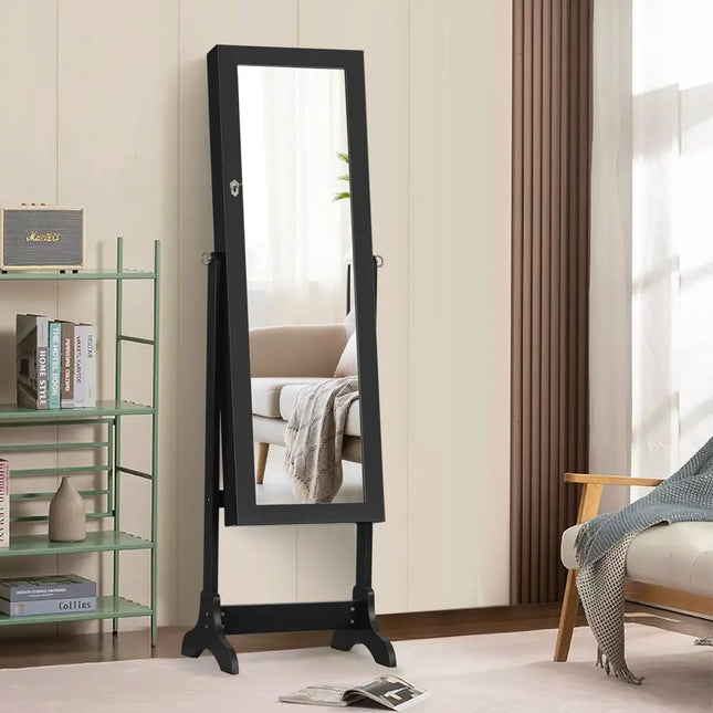 Lockable Mirrored Jewelry Cabinet Armoire Storage Organizer Box-Black - Black - Jewelry Armoires
