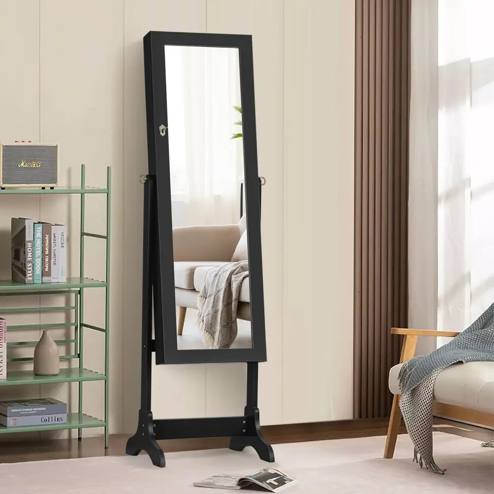Lockable Mirrored Jewelry Cabinet Armoire Storage Organizer Box-Black - Black - Jewelry Armoires