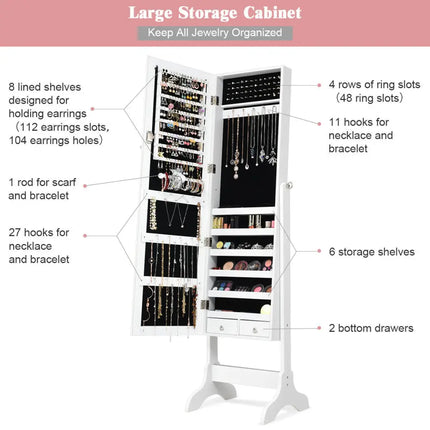 Lockable Mirrored Jewelry Cabinet Armoire Storage Organizer Box-White - White - Jewelry Armoires