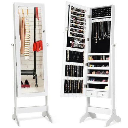 Lockable Mirrored Jewelry Cabinet Armoire Storage Organizer Box-White - White - Jewelry Armoires