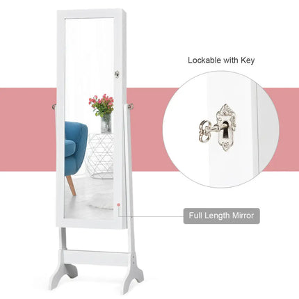Lockable Mirrored Jewelry Cabinet Armoire Storage Organizer Box-White - White - Jewelry Armoires