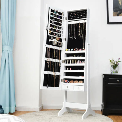 Lockable Mirrored Jewelry Cabinet Armoire Storage Organizer Box-White - White - Jewelry Armoires
