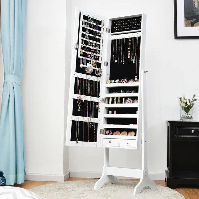 Lockable Mirrored Jewelry Cabinet Armoire Storage Organizer Box-White - White - Jewelry Armoires