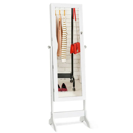 Lockable Mirrored Jewelry Cabinet Armoire Storage Organizer Box-White - White - Jewelry Armoires