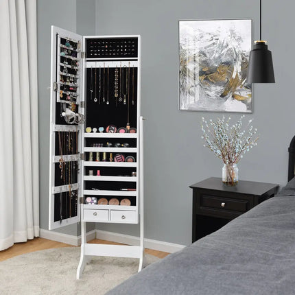 Lockable Mirrored Jewelry Cabinet Armoire Storage Organizer Box-White - White - Jewelry Armoires