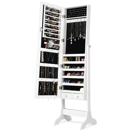 Lockable Mirrored Jewelry Cabinet Armoire Storage Organizer Box-White - White - Jewelry Armoires