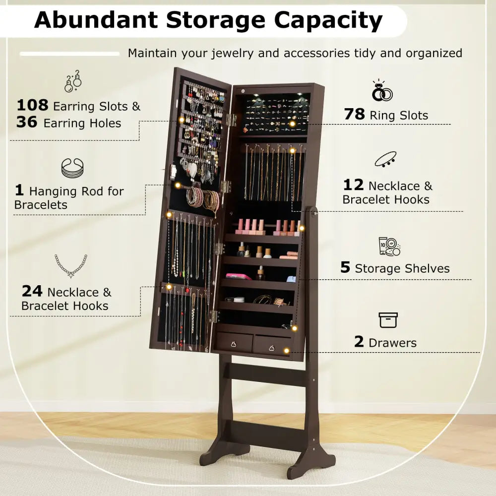 Lockable Mirrored Jewelry Cabinet with Stand and Led Lights-Brown - Brown - Jewelry Armoires