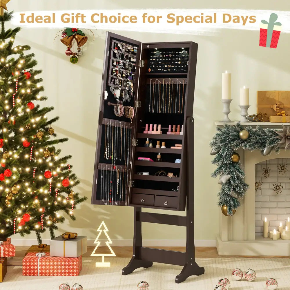 Lockable Mirrored Jewelry Cabinet with Stand and Led Lights-Brown - Brown - Jewelry Armoires