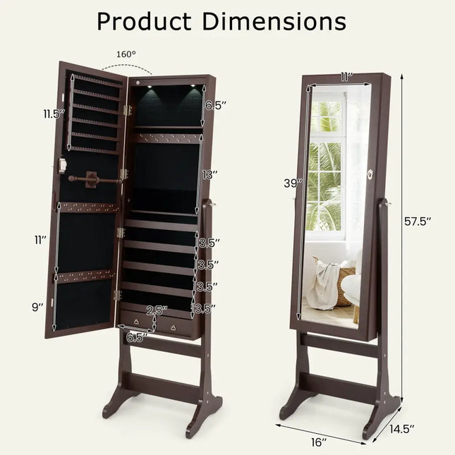 Lockable Mirrored Jewelry Cabinet with Stand and Led Lights-Brown - Brown - Jewelry Armoires