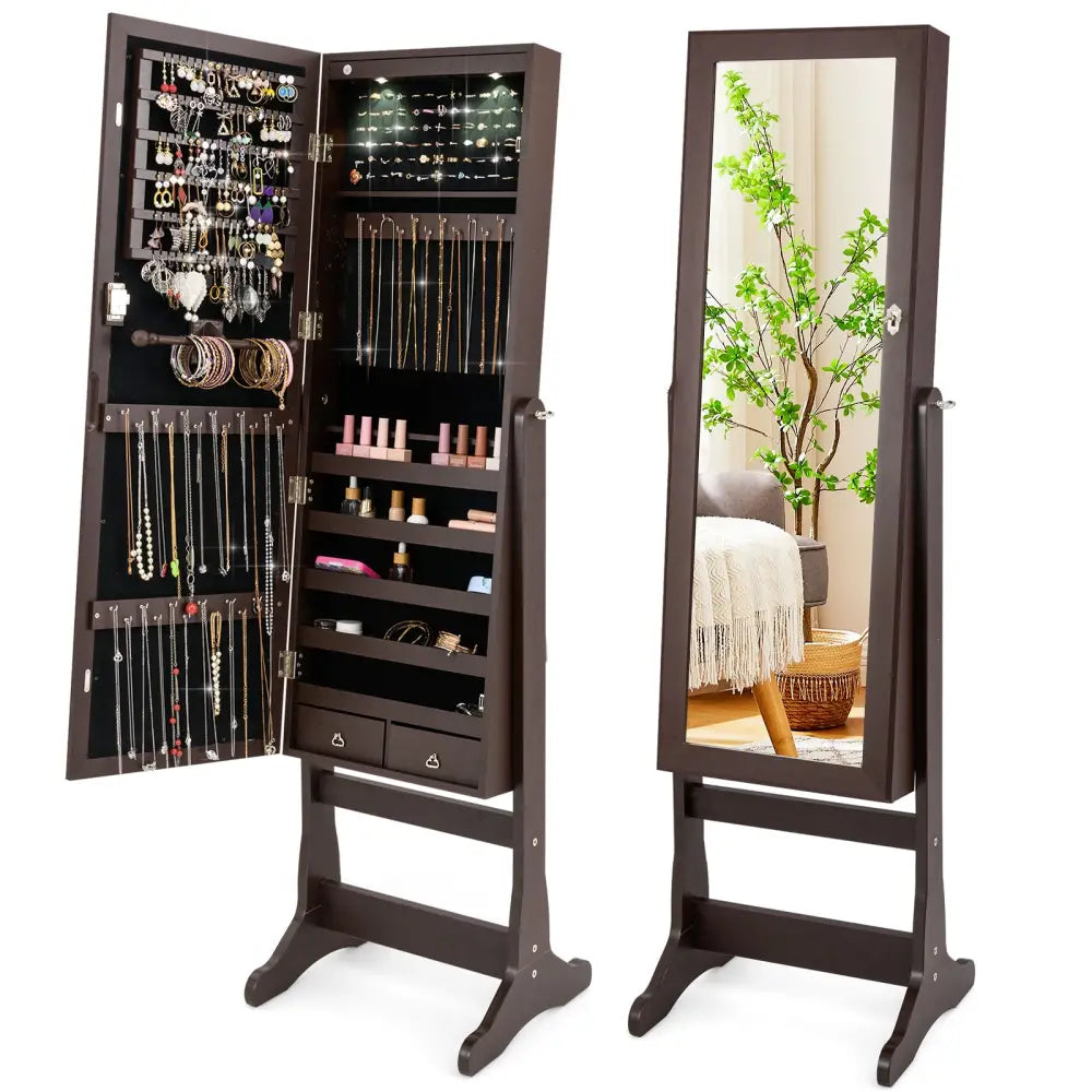 Lockable Mirrored Jewelry Cabinet with Stand and Led Lights-Brown - Brown - Jewelry Armoires