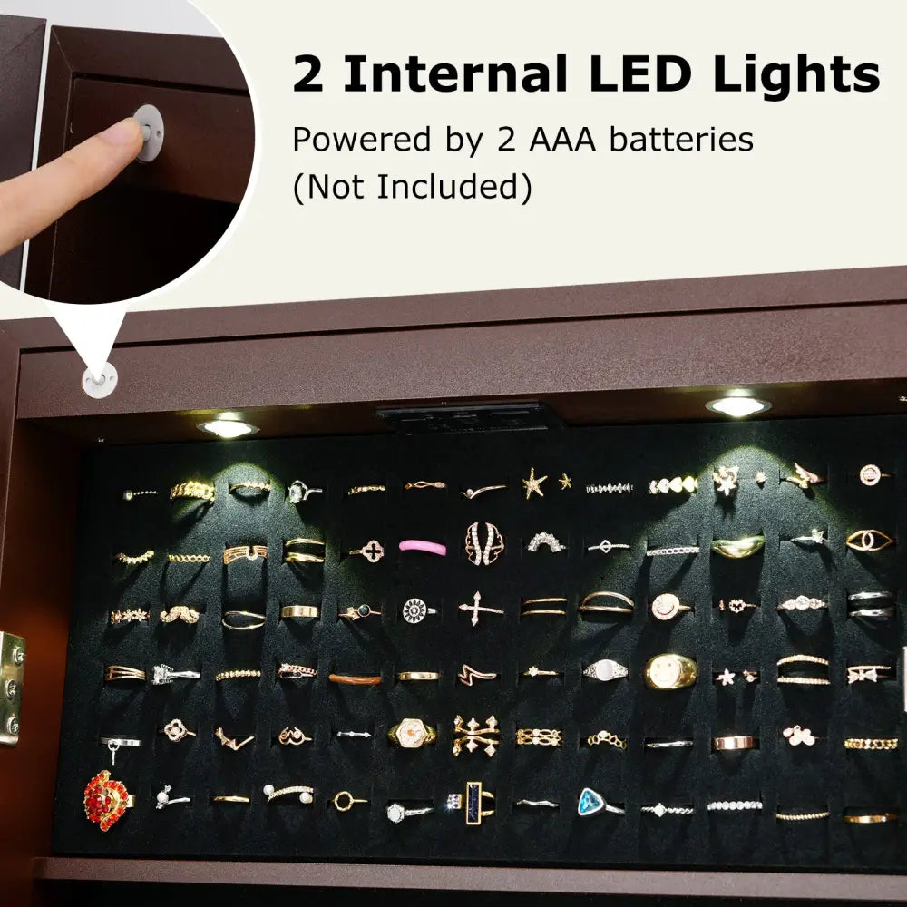Lockable Mirrored Jewelry Cabinet with Stand and Led Lights-Brown - Brown - Jewelry Armoires