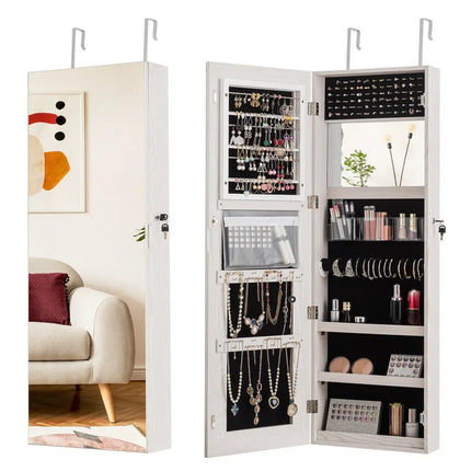 Lockable Storage Jewelry Cabinet with Frameless Mirror-White - White - Jewelry Armoires