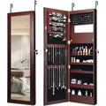 Lockable Wall Door Mounted Mirror Jewelry Cabinet with LED Lights-Brown - Brown - Jewelry Armoires