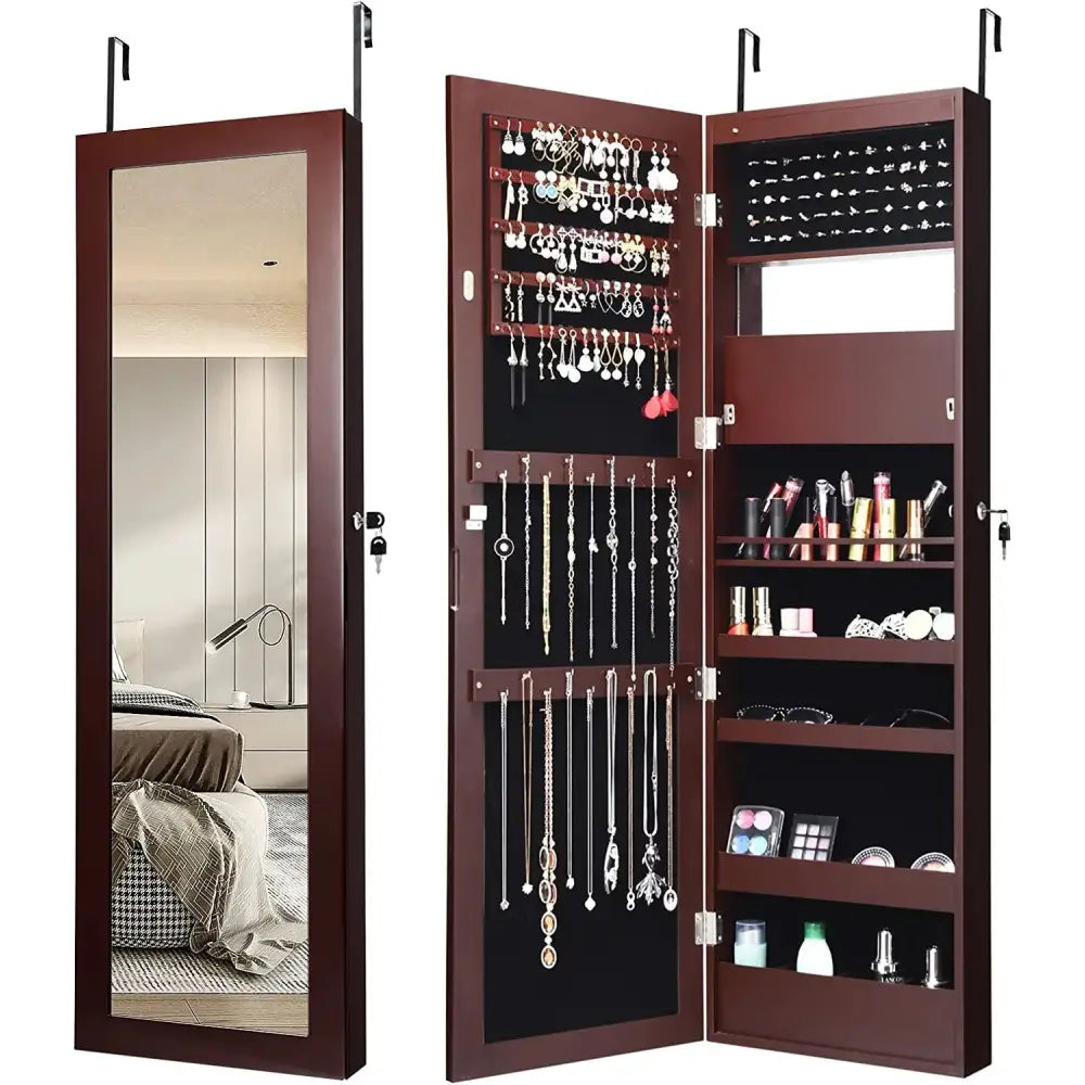 Lockable Wall Door Mounted Mirror Jewelry Cabinet with LED Lights-Brown - Brown - Jewelry Armoires